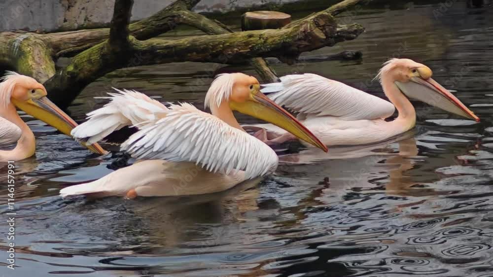 Close up of pelicans swimming around a lake on a cloudy day Close up of pelicans swimming around a lake on a cloudy day