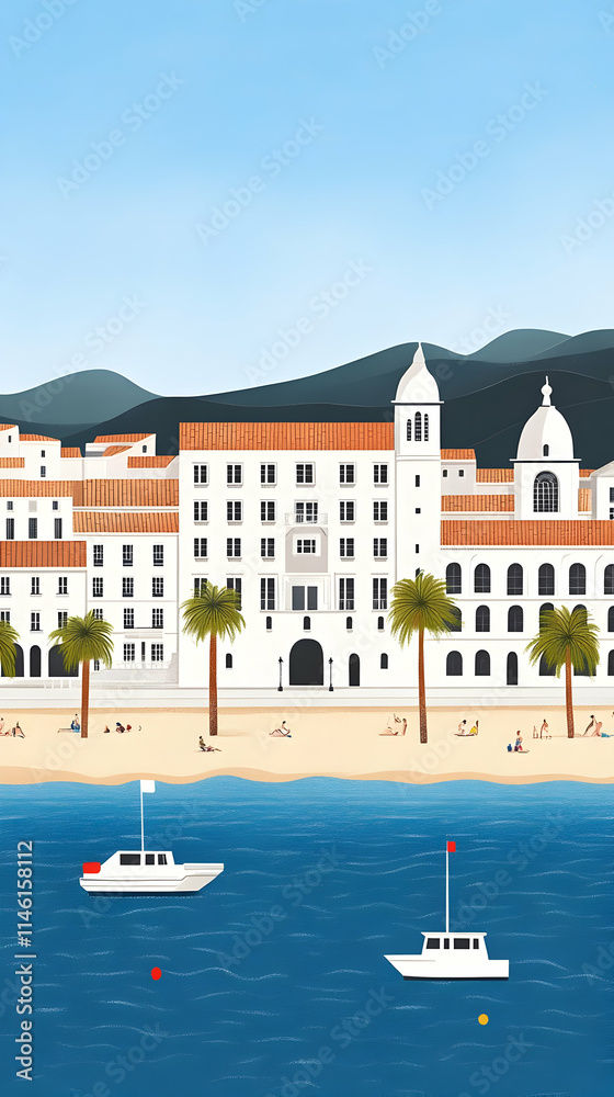 Naklejka premium Coastal Town Illustration, Summer Beach Scene