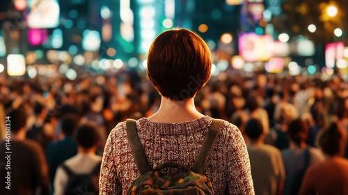 Woman stands in a crowd of people, looking forward. Concept of excitement and anticipation, as if the woman is waiting for something special to happen. photo