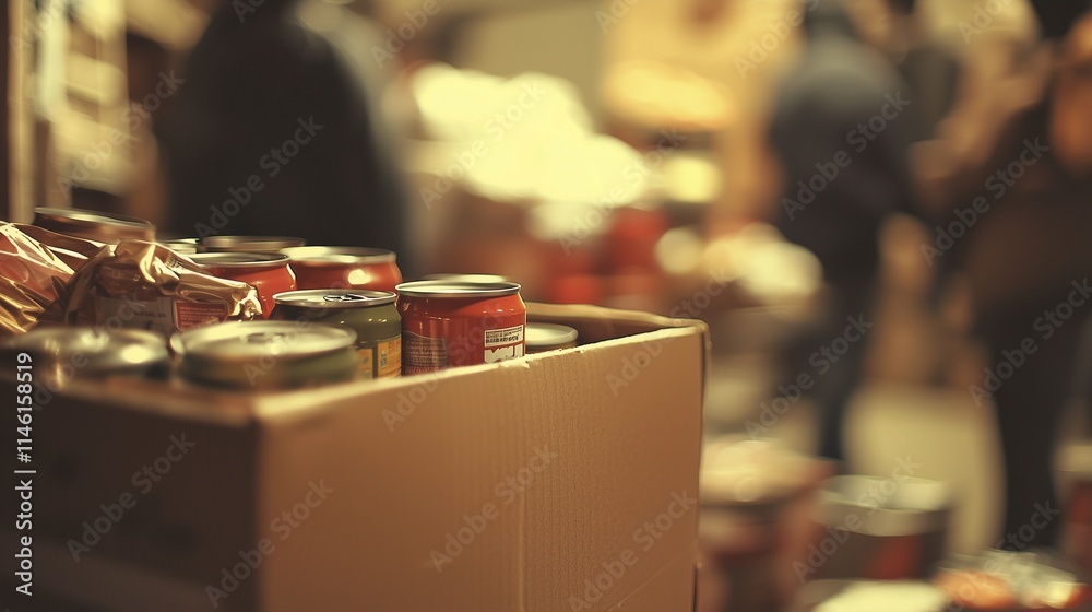 Cardboard box with canned goods symbolizes hunger relief efforts for the poor. Cardboard box with canned goods symbolizes hunger relief efforts for the poor.