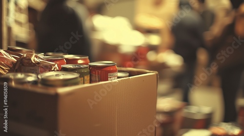 Cardboard box with canned goods symbolizes hunger relief efforts for the poor. photo