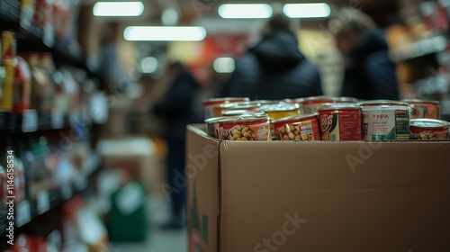 Cardboard box with canned food in a warehouse, symbolizing humanitarian aid distribution.