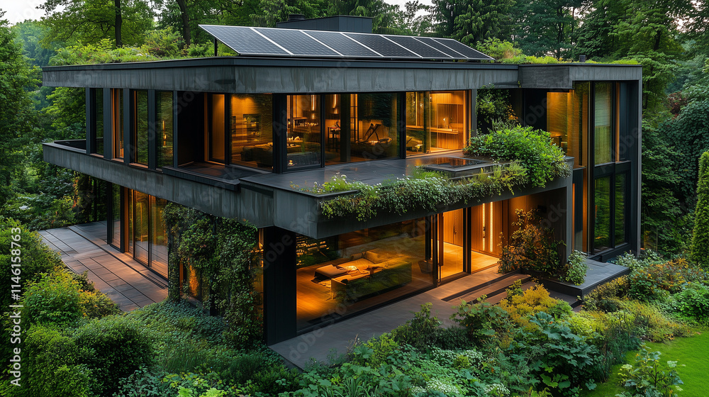 Modern House with Rooftop Solar Panels Surrounded by a Lush Green Garden for Eco-Friendly Architecture Modern House with Rooftop Solar Panels Surrounded by a Lush Green Garden for Eco-Friendly Architecture