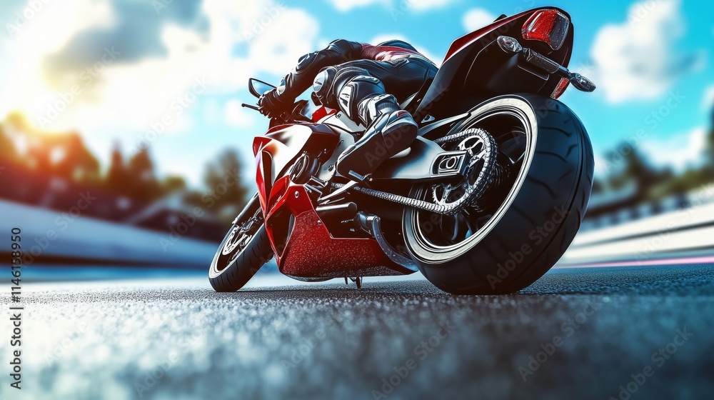 Fototapeta premium Rear perspective of a red motorcycle speeding through a racetrack curve