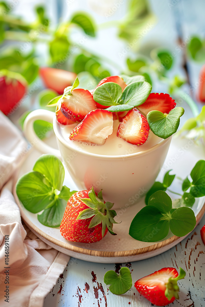 Cup of cream with sliced strawberries on top, decorated with green leaves, fresh and delicious in appearance. Cup of cream with sliced strawberries on top, decorated with green leaves, fresh and delicious in appearance.