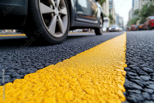 Asphalt road marked with a yellow line, surrounded by blurred cars