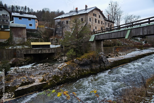 Footbridge over river Traun in Lauffen, Salzkammergut, Gmunden district, Upper Austria, Austria
