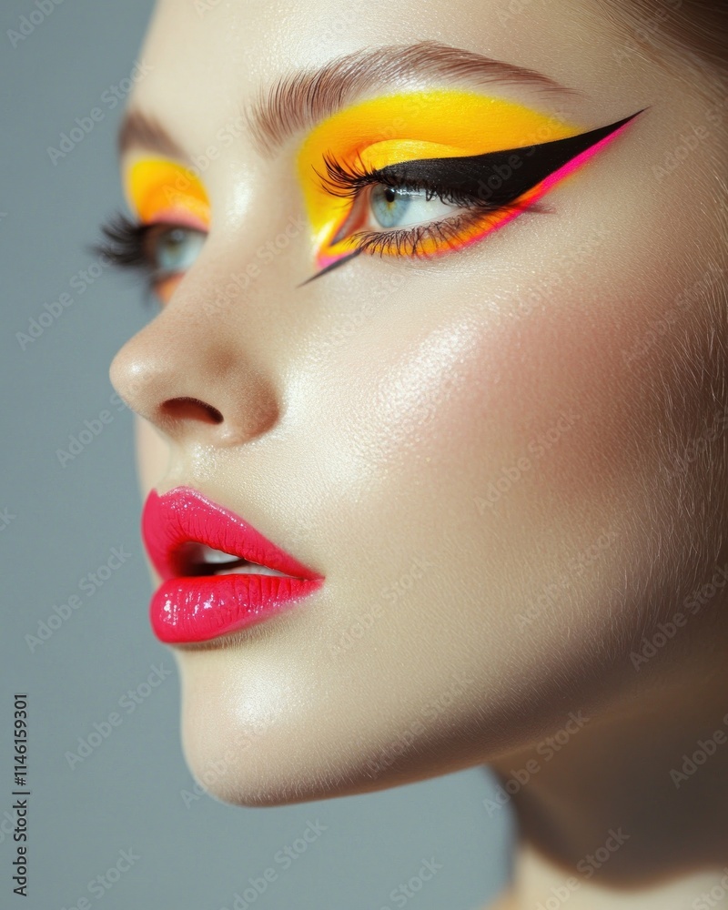 Close-up of a woman with graphic makeup, featuring bold neon eyeliner and vivid lipstick, her sharp facial features emphasized, shot in sharp 4K clarity Close-up of a woman with graphic makeup, featuring bold neon eyeliner and vivid lipstick, her sharp facial features emphasized, shot in sharp 4K clarity