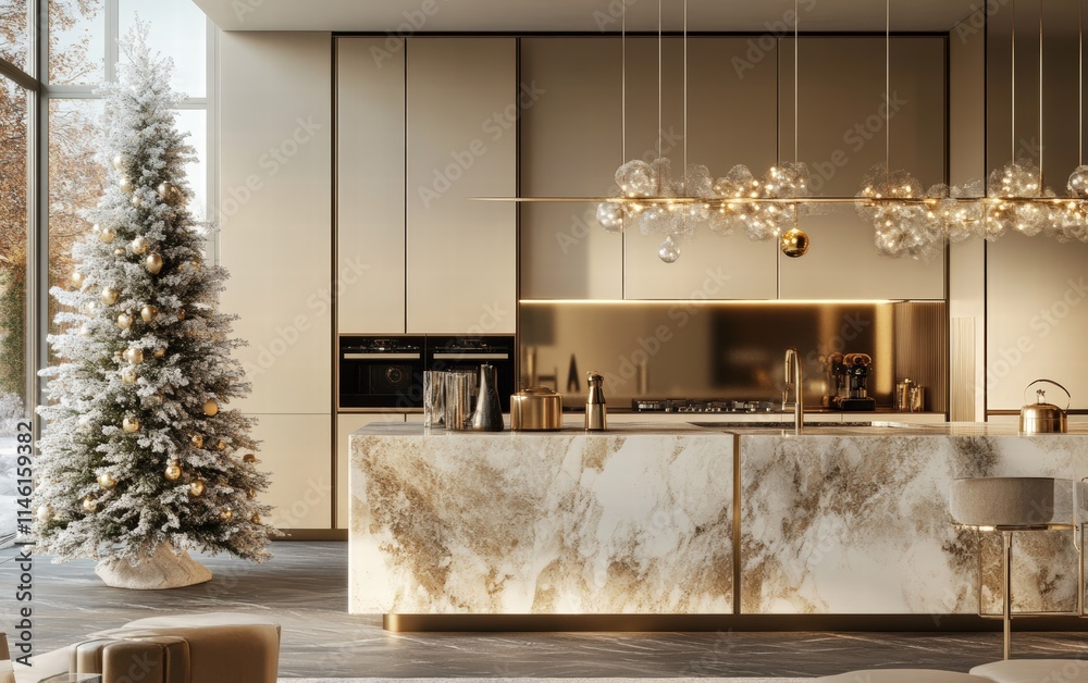 A luxury modern kitchen with marble countertops, a frosted Christmas tree, and warm golden decor A luxury modern kitchen with marble countertops, a frosted Christmas tree, and warm golden decor