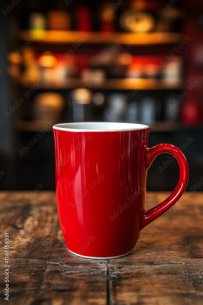 Red Coffee Mug on Rustic Wooden Table, with a Warmly Lit Blurred Interior in the Background Red Coffee Mug on Rustic Wooden Table, with a Warmly Lit Blurred Interior in the Background