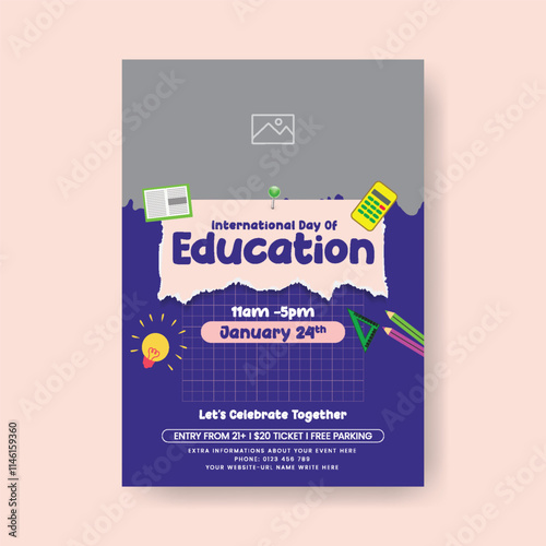 Creative educational print flyer or poster template for  International Day of Education concept, school admission poster, online learning flyer, poster, back to school flyer with torn paper, notepad