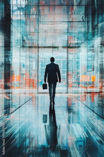 Motion blur of professional walking through a glass-walled corridor with briefcase.