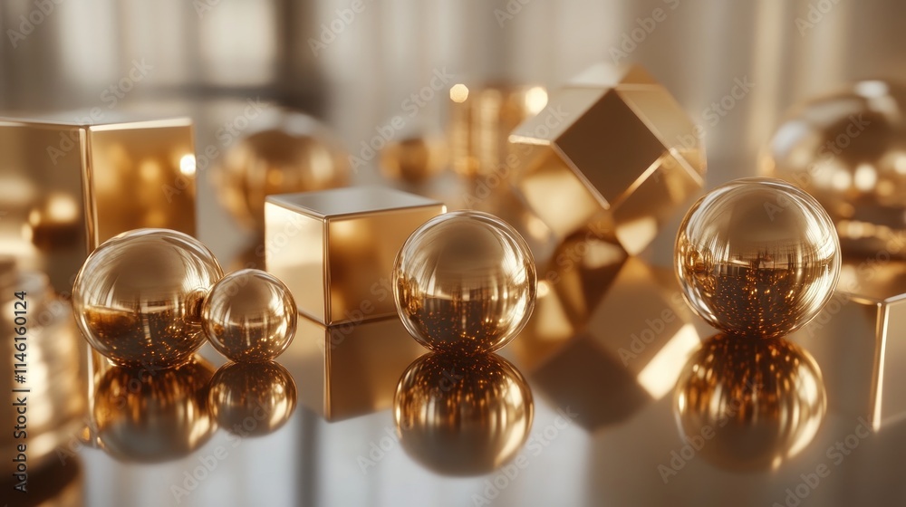 Close-up shot of gold in various shapes like discs, cubes, and spheres, captured with high precision on a reflective surface in 4K detail