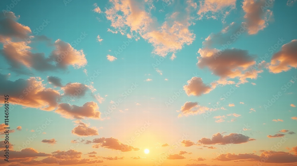 Breathtaking Sunrise Over Calm Horizon with Soft Clouds and Vibrant Colors Illuminating the Morning Sky, Perfect for Nature and Travel Backgrounds