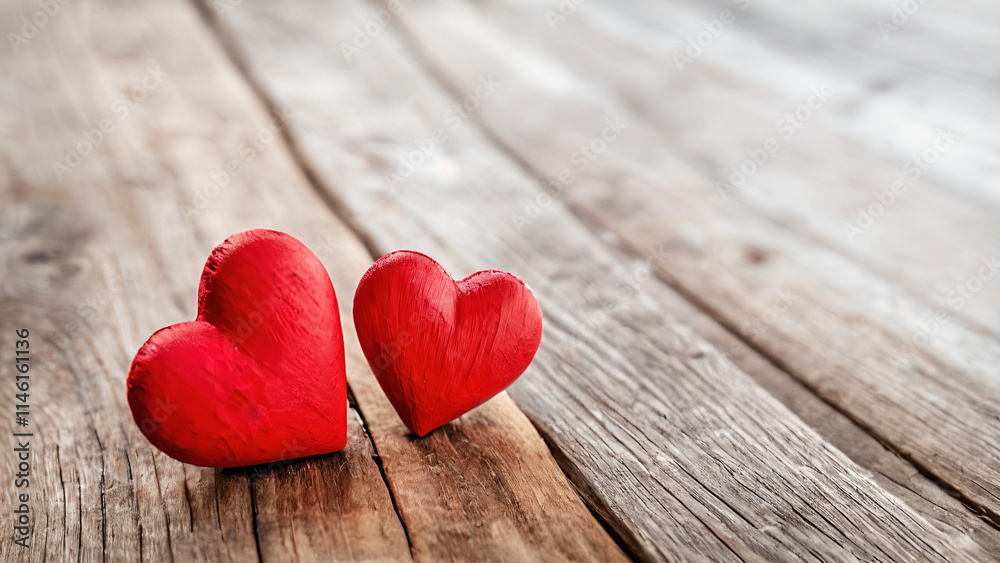 two red hearts on a wooden table two red hearts on a wooden table