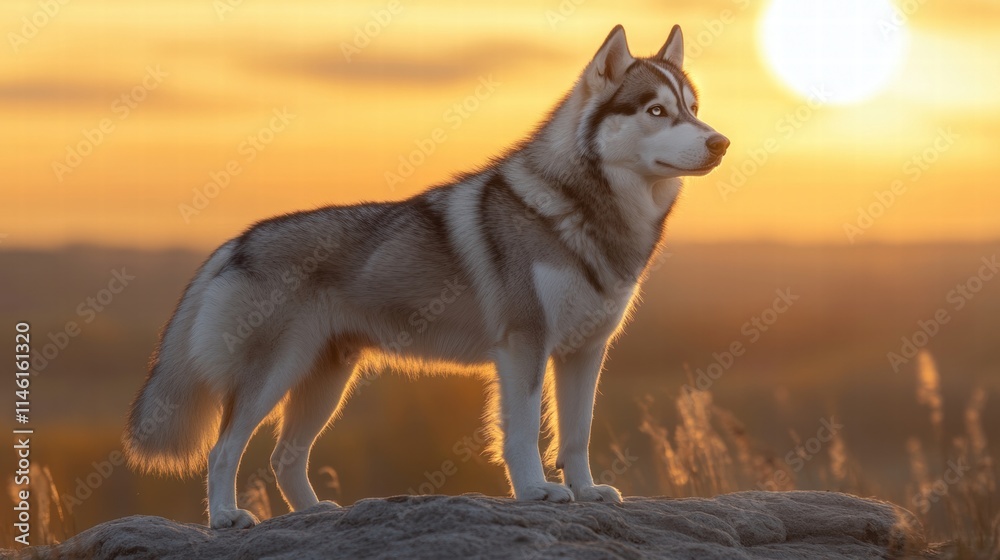 Majestic Siberian Husky Standing Proudly Against a Golden Sunset Backdrop, Capturing the Spirit of Nature and the Beauty of Canine Companionship in a Serene Landscape Majestic Siberian Husky Standing Proudly Against a Golden Sunset Backdrop, Capturing the Spirit of Nature and the Beauty of Canine Companionship in a Serene Landscape
