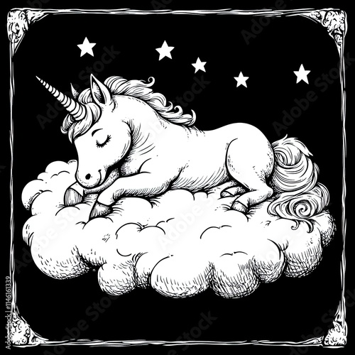 Simple Unicorn Sleeping on a Cloud Coloring Page for Kids photo