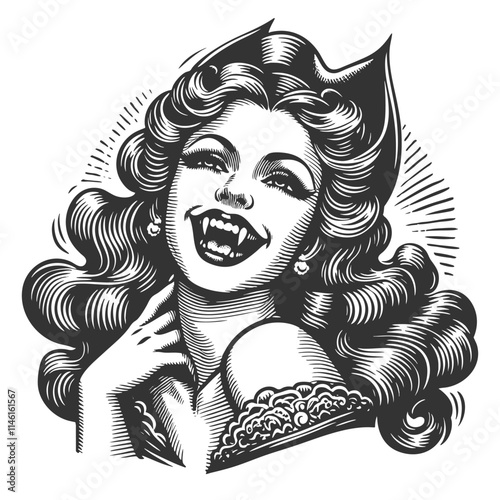 smiling female vampire with fangs and glamorous hairstyle, blending horror and retro elegance sketch engraving generative ai vector illustration. Scratch board imitation. Black and white image.