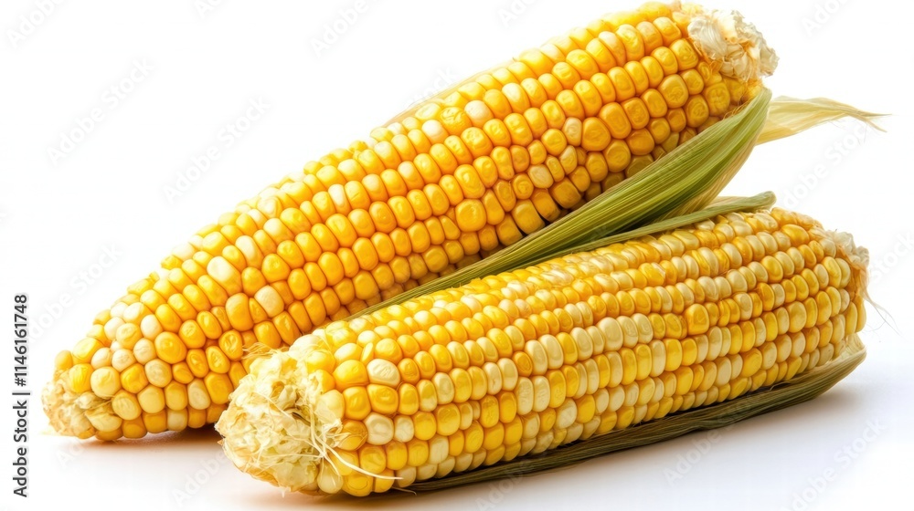 Fresh and Juicy Yellow Corn Ears with Green Husk Isolated on a White Background, Perfect for Cooking and Food Photography Fresh and Juicy Yellow Corn Ears with Green Husk Isolated on a White Background, Perfect for Cooking and Food Photography