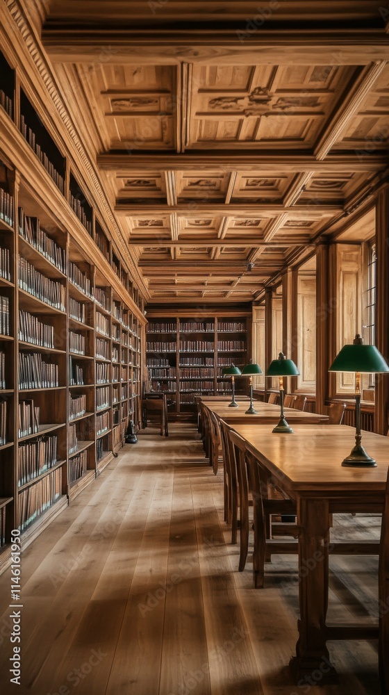 Grand library with endless rows of books, a long wooden table running ...