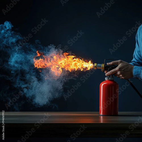 Person sitting at a desk with a fire extinguisher trying to put out flames