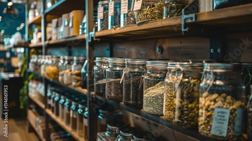 Glass jars filled with grains and spices on wooden store shelves photo