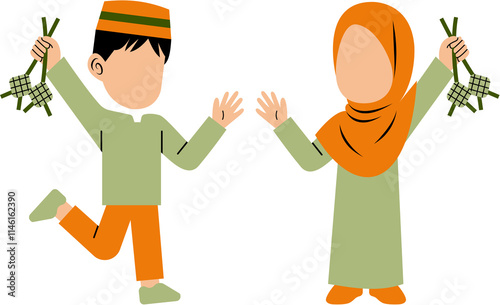 Muslim Kids Holding Ketupat