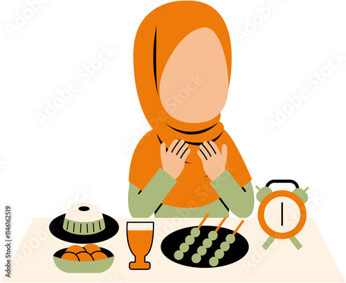 Hijab Girl Praying While Iftar