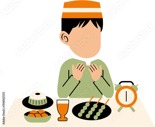 Muslim Boy Praying While Iftar