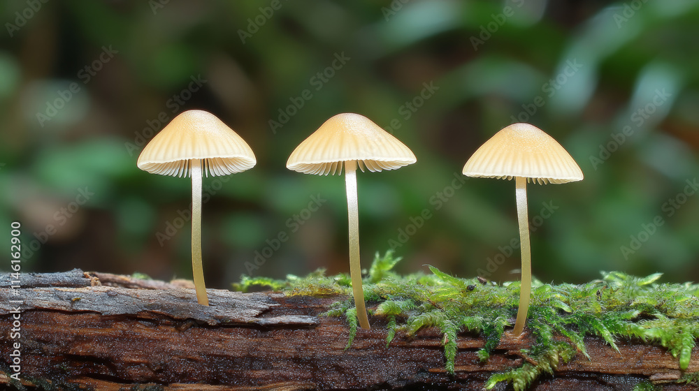 Mushrooms growing on a log in a vibrant forest setting during a sunny day Mushrooms growing on a log in a vibrant forest setting during a sunny day