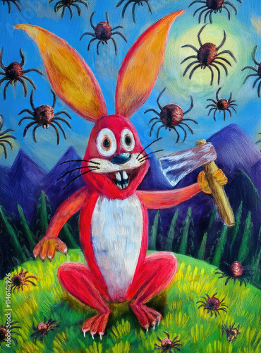 Vibrant rabbit character holds axe surrounded by playful spiders in imaginative artwork setting