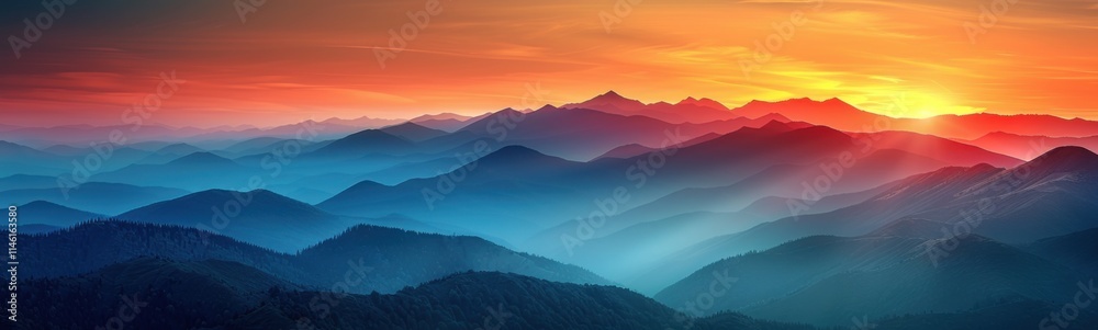 Mountains are silhouetted against a sunset sky with a bright orange sky Mountains are silhouetted against a sunset sky with a bright orange sky