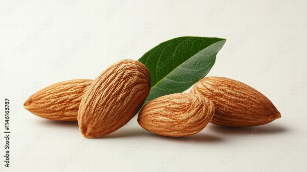 Fresh Almond Nuts with Green Leaf on Light Background Ideal for Health, Nutrition, Organic Food, and Culinary Related Content in Stock Photo Library Fresh Almond Nuts with Green Leaf on Light Background Ideal for Health, Nutrition, Organic Food, and Culinary Related Content in Stock Photo Library