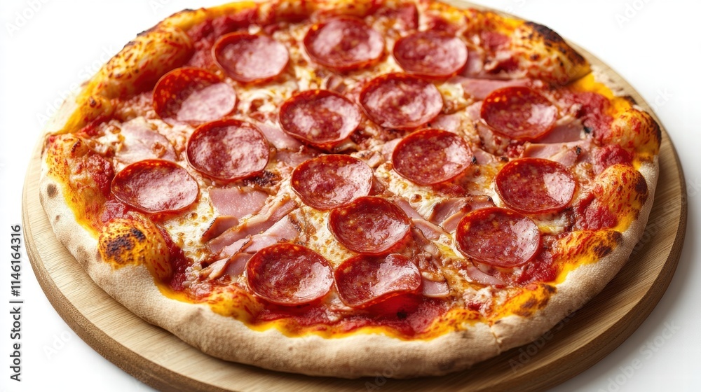 Delicious Pepperoni Pizza with Melted Cheese and Crispy Edges on Wooden Board, Perfect for Sharing at Parties or Family Gatherings, Irresistible Italian Cuisine Delicious Pepperoni Pizza with Melted Cheese and Crispy Edges on Wooden Board, Perfect for Sharing at Parties or Family Gatherings, Irresistible Italian Cuisine