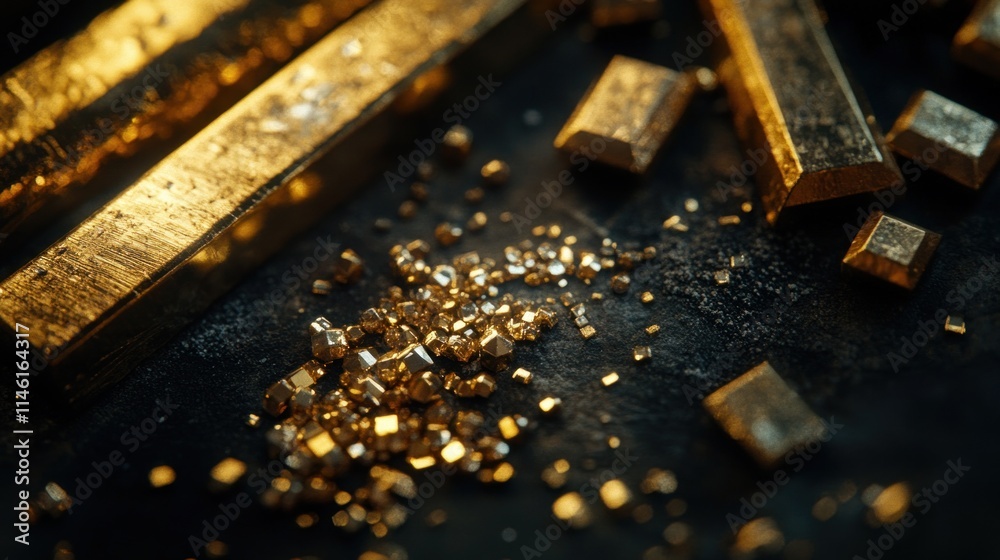 Gold in different forms like polished bars, small geometric figures, and finely crafted jewelry pieces, set on a dark background and illuminated in 4K resolution Gold in different forms like polished bars, small geometric figures, and finely crafted jewelry pieces, set on a dark background and illuminated in 4K resolution