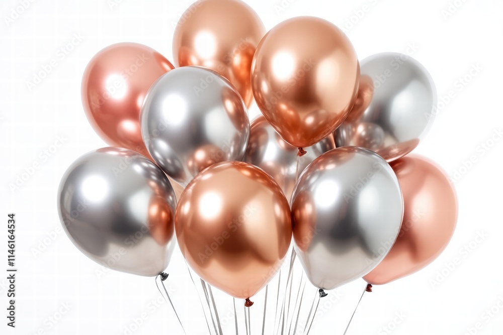 A Vibrant Collection of Glossy Balloons in Rose Gold, Silver, and Copper Hues Ideal for Celebrations, Parties, and Special Events with a Bright Background A Vibrant Collection of Glossy Balloons in Rose Gold, Silver, and Copper Hues Ideal for Celebrations, Parties, and Special Events with a Bright Background
