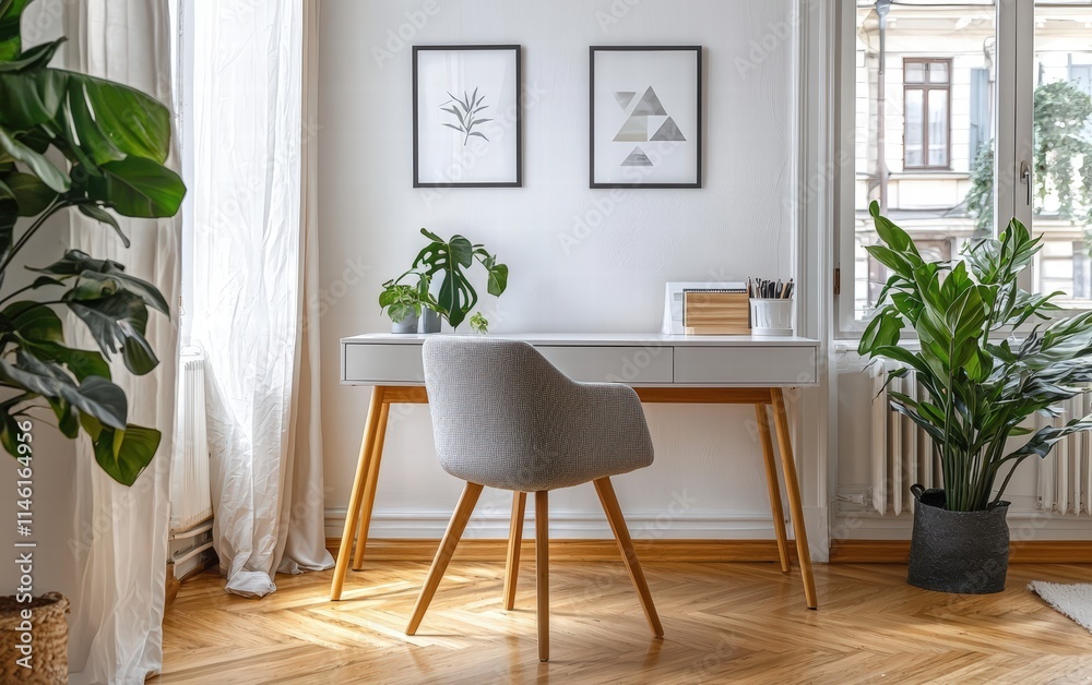 Bright Scandinavian office space with a simple desk, a comfortable chair, and light-filled decor