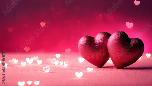 two hearts on a pink background with bokeh lights