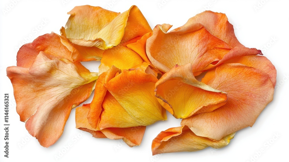 Vibrant Orange and Yellow Rose Petals Arranged Elegantly on White Vibrant Orange and Yellow Rose Petals Arranged Elegantly on White