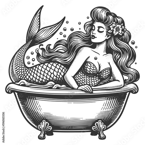mermaid lounging in a clawfoot bathtub filled with bubbles, combining fantasy and whimsical charm sketch engraving generative ai vector illustration. Scratch board imitation. Black and white image.