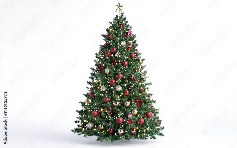Decorated christmas tree with ornaments and lights, bright white background for festive holiday designs Decorated christmas tree with ornaments and lights, bright white background for festive holiday designs