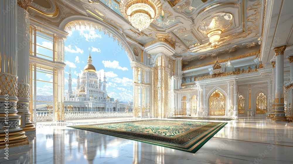 Obraz premium Luxurious palace interior featuring white marble columns, gold decorations, and a large arched window overlooking a grand mosque.