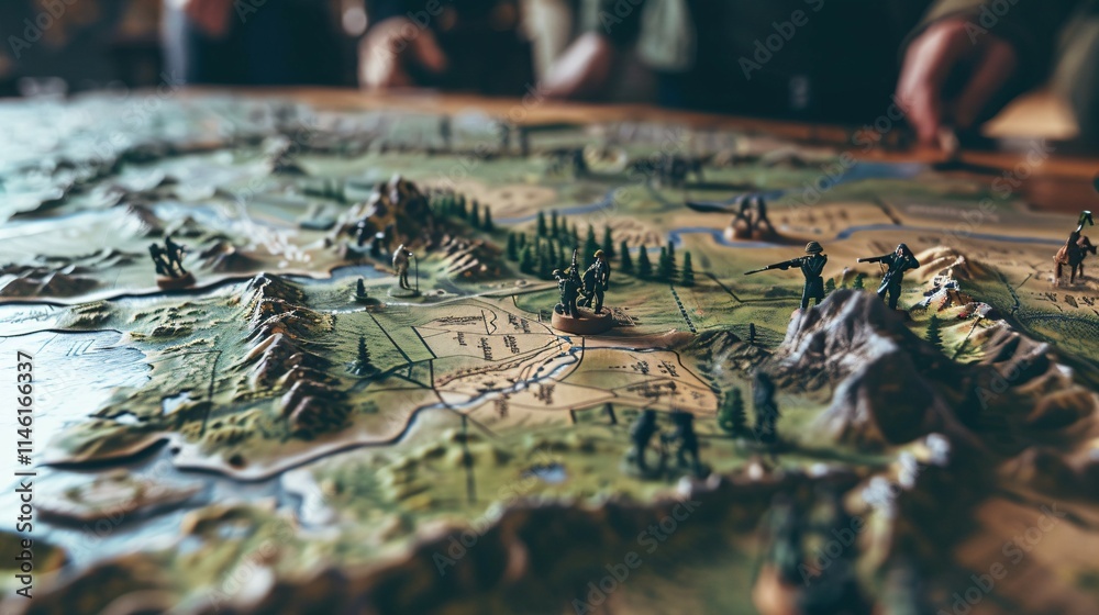 Naklejka premium Close-up of detailed military strategy map with miniature soldiers and terrain models on wooden table for tactical planning and battlefield simulation.