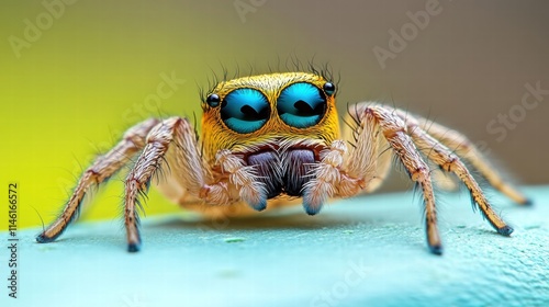 Wallpaper Mural Vibrant Close-Up of a Colorful Spider with Striking Blue Eyes and Fine Hairs on Its Body in a Natural Setting Against a Soft Gradient Background Torontodigital.ca