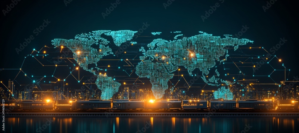 Obraz premium Futuristic Trains Crossing Cyber World Map, Symbolizing Global Connectivity and Information Exchange