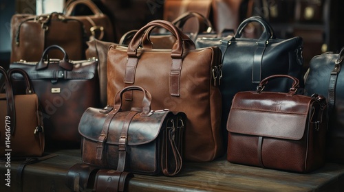 Leather bags of various shapes and sizes displayed on a wooden surface in a studio, with subtle lighting to showcase their rich textures, captured in 4K clarity