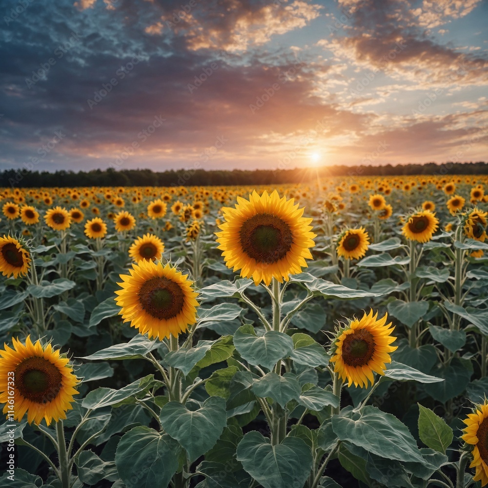 Fototapeta premium A vibrant sunflower field under a sky painted with pastel morning light.