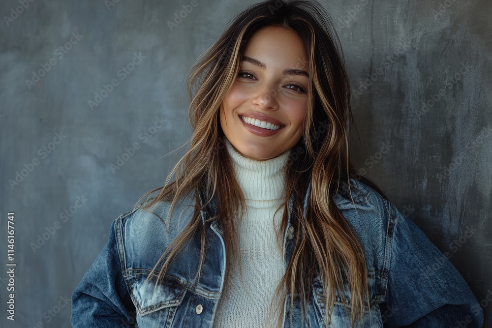Young woman smiling confidently against a textured gray wall, wearing a denim jacket and white turtleneck, representing happiness and modern fashion in a natural setting.