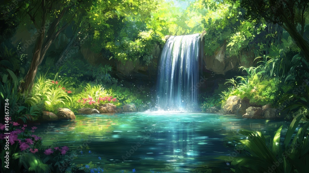 Serene Waterfall Flowing into Crystal Clear Pool Surrounded by Lush Greenery and Vibrant Flowers in a Hidden Forest Oasis Serene Waterfall Flowing into Crystal Clear Pool Surrounded by Lush Greenery and Vibrant Flowers in a Hidden Forest Oasis