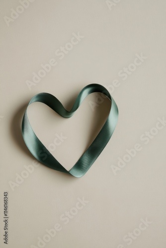 Curling softly, a green ribbon creates a heart shape against a pale background, representing hope and support for mental health awareness initiatives throughout the year